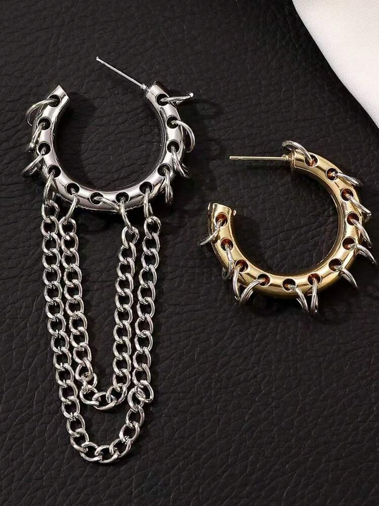 Nouvelles boucles d'oreilles à anneaux à la mode avec chaîne à franges en acier inoxydable pour femmes. Boucles d'oreilles à anneaux épaisses en acier inoxydable de ton double punk cool, accessoire de bijoux - Multicolore - Voir 15