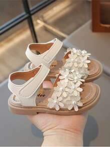 1 Pair Children Pearl Flower Hook And Loop Soft Bottom Lightweight Non-Slip Sandals, Very Comfortable To Wear, Suitable For Summer Beach