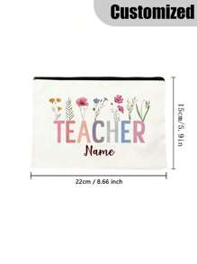 1 pièce Sac de maquillage personnalisé avec lettres d'enseignant et motif floral, sac à crayons avec nom personnalisé. Pochette de rangement de toilette de voyage. Cadeau pour enseignant