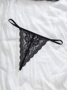 2pcs Set Lace Sling Sheer Sexy Print Dress + G-String, Seductive Lingerie - Black - View 5