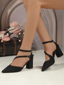Damen Mode Spitze Zehen Plateau Absatz Weiche Sohle Atmungsaktiv Quadrat Absatz Sandalen, Vielseitig für den Outdoor Urlaub, Doppelte Schnalle Schwarze High Heels