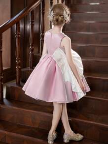 Tween Girls Pink Satin Bow Decor Short Party Dress - Pink - View 8