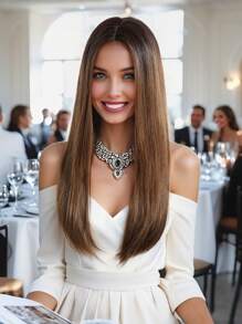 高品质 24 英寸长直棕色无刘海合成耐热纤维假发女士假发非常适合节日派对日常佩戴