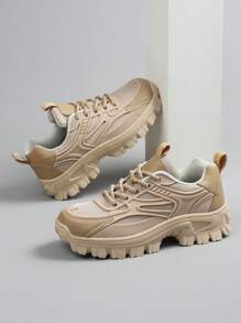 Men's Round Toe Lace-Up Men Sports Shoes For Men, Colorblock Letter Lightweight Breathable Chunky Men Sneakers ,Slip-Resistant Wear-Resistant Sports Outdoor Running Shoes Casual Men Shoes - Khaki - View 4