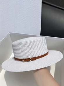 Wide Brim Sun Hat, Flat Top, Vintage Chic For Women, Suitable For Beach, Travel, Casual, Straw Braid, No Wind Protection, UVB Protection, Polyester Fiber, Spring/Summer