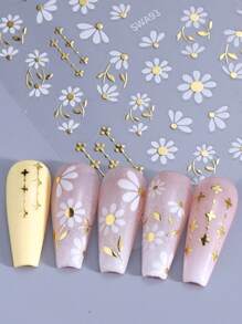 2片装3D金属雏菊美甲贴纸，白金蕾丝花叶印花全息波西米亚风自粘美甲贴，适合春夏 - 彩色 - 查看 7