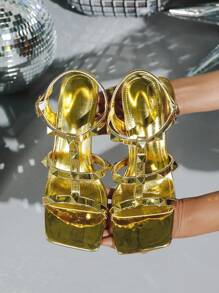 planare Women's Fashion Lady Gold Studded Patent Leather Strappy Chunky Mid Heel Sandals With Adjustable Buckle Ankle Wrap, Sexy Square Open Toe Mid Block Heel High Heels For Ladies, Elegant Stable Easy Walking Kitten Heel Summer Daily Outdoor Footwear, Well Fit For Party Prom Wedding Dating Office Daily Wear, Match For Dressy Skirts Outfits