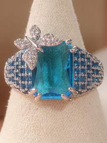 Luxurious Marine Blue Square Geometry Exquisite Synthetic Zirconia Rings, 3D Butterfly Designs, Exquisite Men's And Women's Rings For Banquet Parties, Cocktail Parties, And Other Events - Silver - View 8