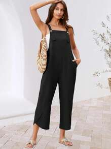 Baggy Loose Linen Overalls For Women Dual Pockets Adjustable Straps Casual Bib Jumpsuit Suspender - 黑色 - 查看 5