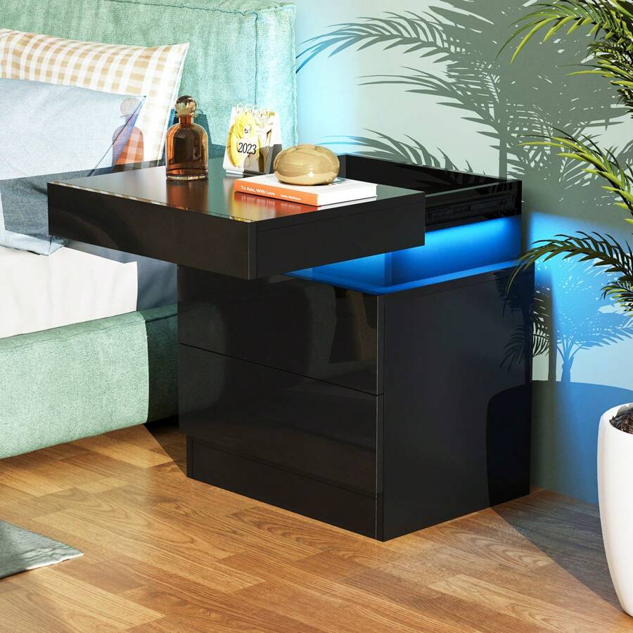 Set Of 1 Bedside Table With 2 Drawers And Sliding Plate, 1m Light Strip, 40x35x52cm, Side Table For Sofa Minimalist Style