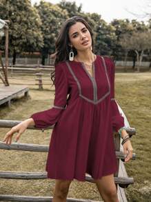 Rusttydustty Black V-Neck Long Sleeve Lightweight Dress, Exotic Vibe, Suitable For Party, Vacation, New Year, Music Festival - Burgundy - View 6
