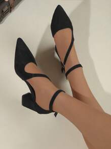 Damen Mode Spitze Zehen Plateau Absatz Weiche Sohle Atmungsaktiv Quadrat Absatz Sandalen, Vielseitig für den Outdoor Urlaub, Doppelte Schnalle Schwarze High Heels