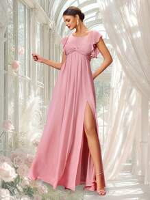 MOEVIO Women's Elegant Illusion Round Neck Chiffon Flutter Sleeves Twist Knot Sheer Back Split Thigh Long Pink Formal Bridesmaid Wedding Guest Party Dress For Birthday Graduation Homecoming - Dusty Pink - View 1