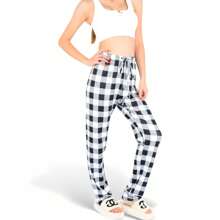 Women's Plaid Flannel Lounge Pants With Elastic Waistband And Adjustable Drawstring - Black - View 7