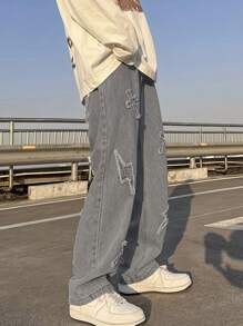 Men's Distressed Lightning Embroidered Grey Denim Jeans