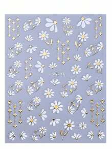 2片装3D金属雏菊美甲贴纸，白金蕾丝花叶印花全息波西米亚风自粘美甲贴，适合春夏 - 彩色 - 查看 3