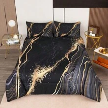 NINENINE 3pcs Black & Gold Marble - Patterned Bedding Set,Luxurious Metallic Vein Design,Black And Gold Comforter Set For Men Women,Soft Microfiber All - Season Comforter With Pillow Shams, Twin/Full/King/Queen Size Bed - 黑色 - 查看 3