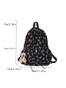 1pc Black Nylon Casual School Style Fresh Allover Print Bow Drawstring Large Capacity Foldable Backpack With Cartoon Decor Zipper, Suitable For Teenagers, College Students, And Women For Daily Commuting, Shopping, Travel, Graduation Gift, Cute Bow Backpack