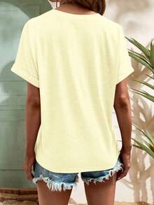 Women V-Neck Roll-Up Sleeve T-Shirt, Loose Casual Batwing Top - Yellow - View 3