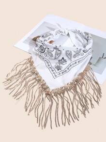 1buc Damă Casual Negru/Alb Motiv Paisley Auriu Paiete Ciucuri Bandana Eșarfă pătrată, Potrivită pentru călătorii, în aer liber și ținute zilnice, toamna de iarnă