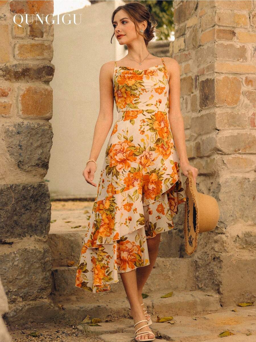 Vestito midi con fantasia floreale boho, abito da sole con balze asimmetriche, spalline regolabili e orlo a balze fluido. Perfetto per le giornate estive in spiaggia, che combina fascino senza sforzo e atmosfera romantica - Arancione - Visualizzare 1