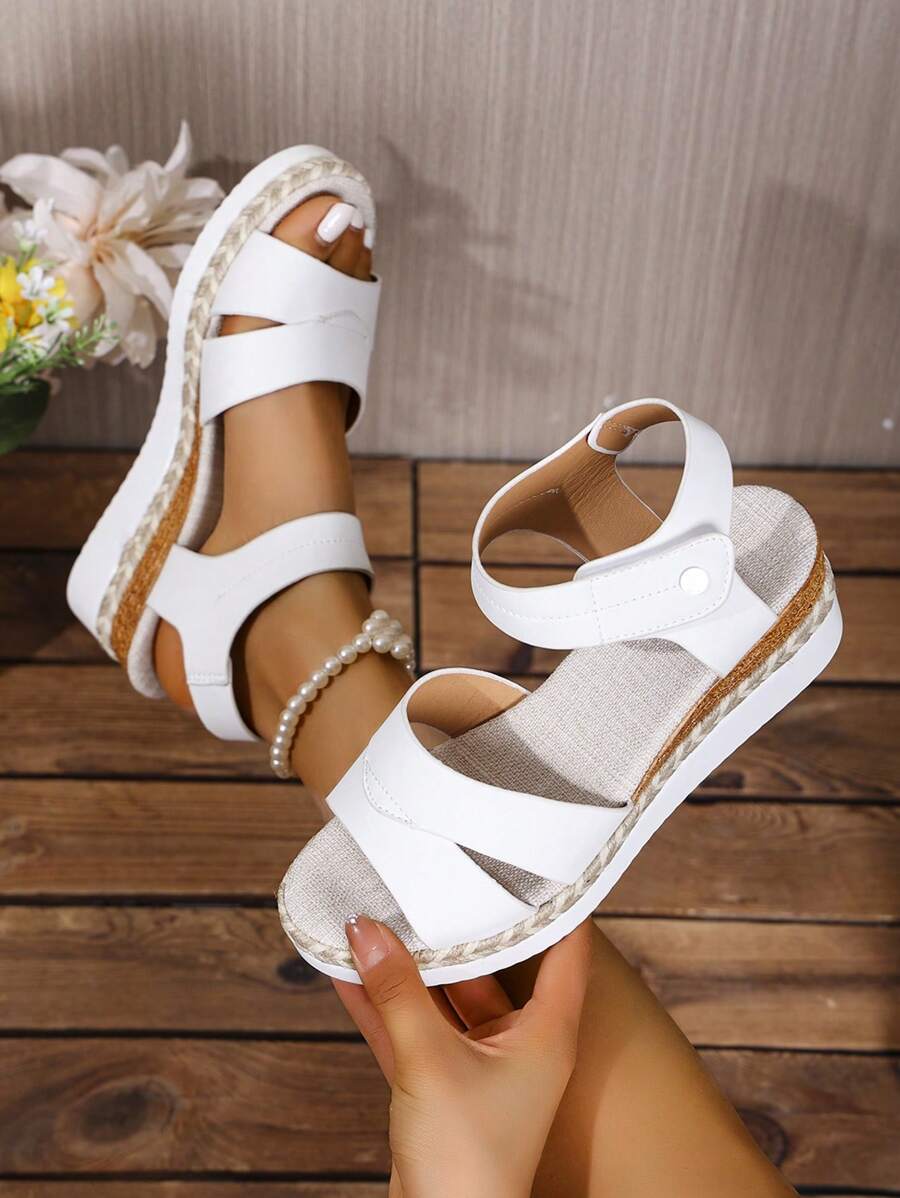 Women's Woven Wedge Sandals, Handmade Rope Midsole, Lightweight Bohemian Style Platform Wedge Sandals - White - View 1