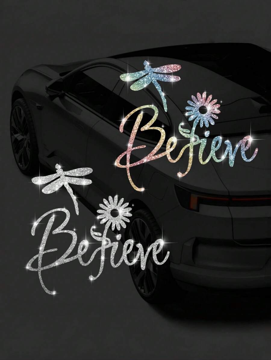 闪闪发光的相信蜻蜓向日葵贴纸——以优雅的字母组合和蜻蜓装饰、疗愈设计、用于客厅和卧室装饰的一次性艺术贴纸、可爱的房间装饰、家居装饰点亮创意生活。 - 均碼 - 查看 1