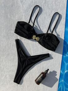 Damen Schwarzes Metallic-Muschel-Neckholder-Bikini-Set. Gefertigt aus hochelastischem, hautfreundlichem Stoff für Komfort und Atmungsaktivität. Die dünnen Neckholder-Träger schmeicheln Ihrem Hals und Ihren Schulterlinien, und die Metallic-Muschelschnallen sind zart und auffallend. Der hochgeschnittene Triangel-Slip schmeichelt Ihrer Figur. Ideal für Urlaubsreisen und Strandausflüge, eine Top-Wahl für einen luxuriösen Resort-Stil. - Schwarz - Übersicht 3