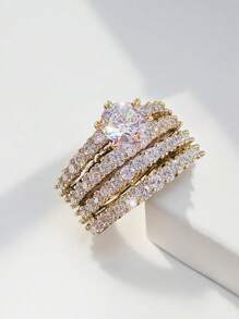 2 件/套双层奢华镂空镶嵌方晶锆石戒指，浪漫结婚戒指，新娘礼物，时尚珠宝礼物，适合女性