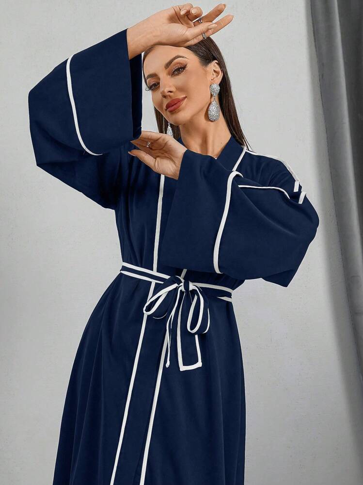 女士拼色腰带优雅长袖阿拉伯长袍，长款度假朴素长袍 - 藏蓝色 - 查看 3