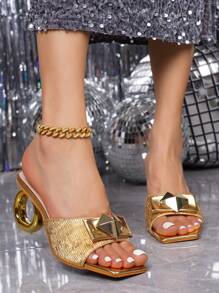 女士方头铆钉装饰不对称高跟休闲凉鞋，时尚百搭鞋 - 金色 - 查看 3