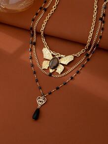 1pc Gothic Style Unique Exaggerated Gold Plated Butterfly Heart Design Faux Cat Eye Rhinestone Pendant Multilayer Black Beaded Short Necklace, Unisex Daily/Party/Holiday Wear Jewelry Accessory Gift