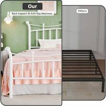 Estructura de cama de matrimonio HOMBCK con cabecero, marco de cama de metal blanco con diseño de patrón de corona, base de colchón con almacenamiento debajo sin necesidad de caja de resortes, montaje silencioso y fácil, color blanco