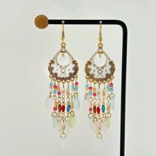 波西米亚风彩色羽毛耳环，女式串珠流苏吊坠耳环 - 白色 - 查看 19