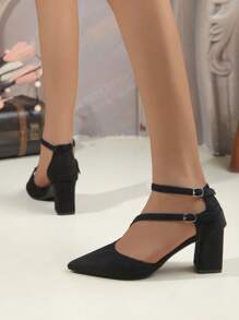 Damen Mode Spitze Zehen Plateau Absatz Weiche Sohle Atmungsaktiv Quadrat Absatz Sandalen, Vielseitig für den Outdoor Urlaub, Doppelte Schnalle Schwarze High Heels