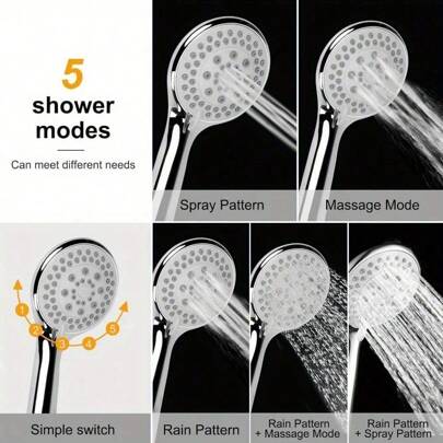 Shower Head With 1.5m Chrome Shower Hose 5 Modes Adjustable Replacement Shower Head High-Pressure Powerful Handheld Shower Heads Spray For Bath Shower Adults Children Pets Home Home Bathroom Decor Summer