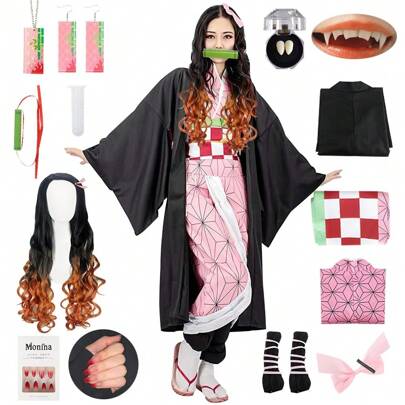 Nezuko Tanjirou Cosplay, Nezuko Tanjirou Kochou Shinobu Mitsuri Kostüm Set, Kimono Cape Ensemble, Geschenk für Kinder, Nezuko Tanjiro Kostüm für Karneval Halloween Weihnachten