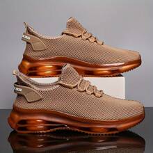 1 双男士透气针织运动鞋 - 休闲系带跑鞋,带气垫,防滑 PVC 外底,织物鞋面、衬里和鞋垫,合成鞋底,纯色,适合所有季节 - 卡其色 - 查看 2