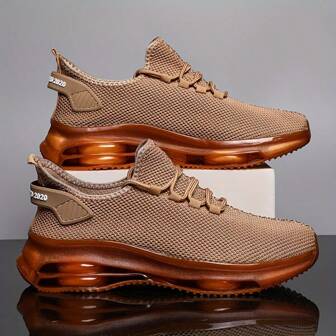 1 par de zapatillas deportivas transpirables de punto para hombres - Zapatos para correr casuales con cordones, amortiguación de aire, suela antideslizante de PVC, parte superior de tela, forro y plantilla, suela sintética, unicolor, aptos para todas las estaciones