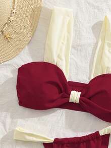 全新柔软加厚肩带优雅派对比基尼套装，女士夏季沙滩时尚泳装 - 酒紅色 - 查看 4