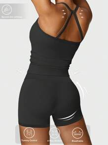 VVX Women's 2 Piece Outfits Casual Sets Ruched Camisole Tops And High Waisted Shorts/Pants Leggings Tracksuit Sets - 黑色 - 查看 3