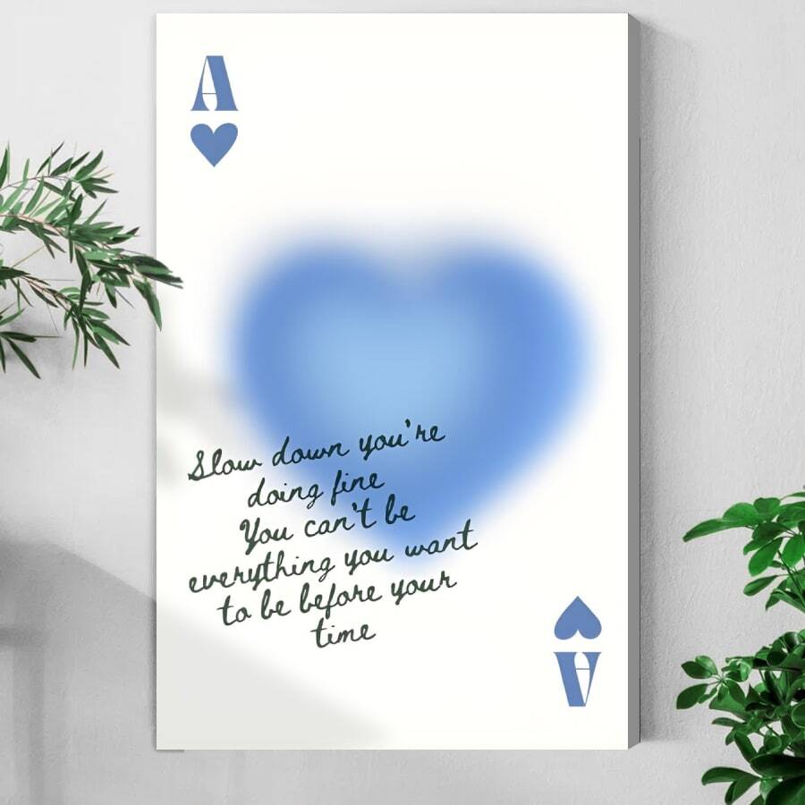1pc Framed Canvas Wall Art, Light Blue Canvas Wall Art Slow Down You're Doing Fine Retro Light Blue Ace Of Hearts Playing Card Print Poster Art Print Canvas Poster, Ideal Gift For Bedroom Living Room Hallway Dorm Wall Decor - 彩色 - 查看 1