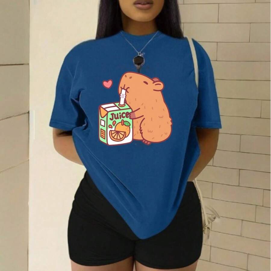 Playera Blusa Divertida De Capybara Tomando Jugo Ropa De Mujer Capibara - Azul - Ver 1