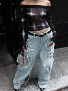90s Y2K High Waist Flap Pocket Werk Cargo Jeans Boyfriend Versleten Losse Fit Streetwear Denim Broek