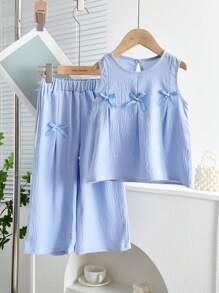 少女夏季休闲平纹针织蝴蝶结背心和裤子两件套 - 藍色 - 查看 1