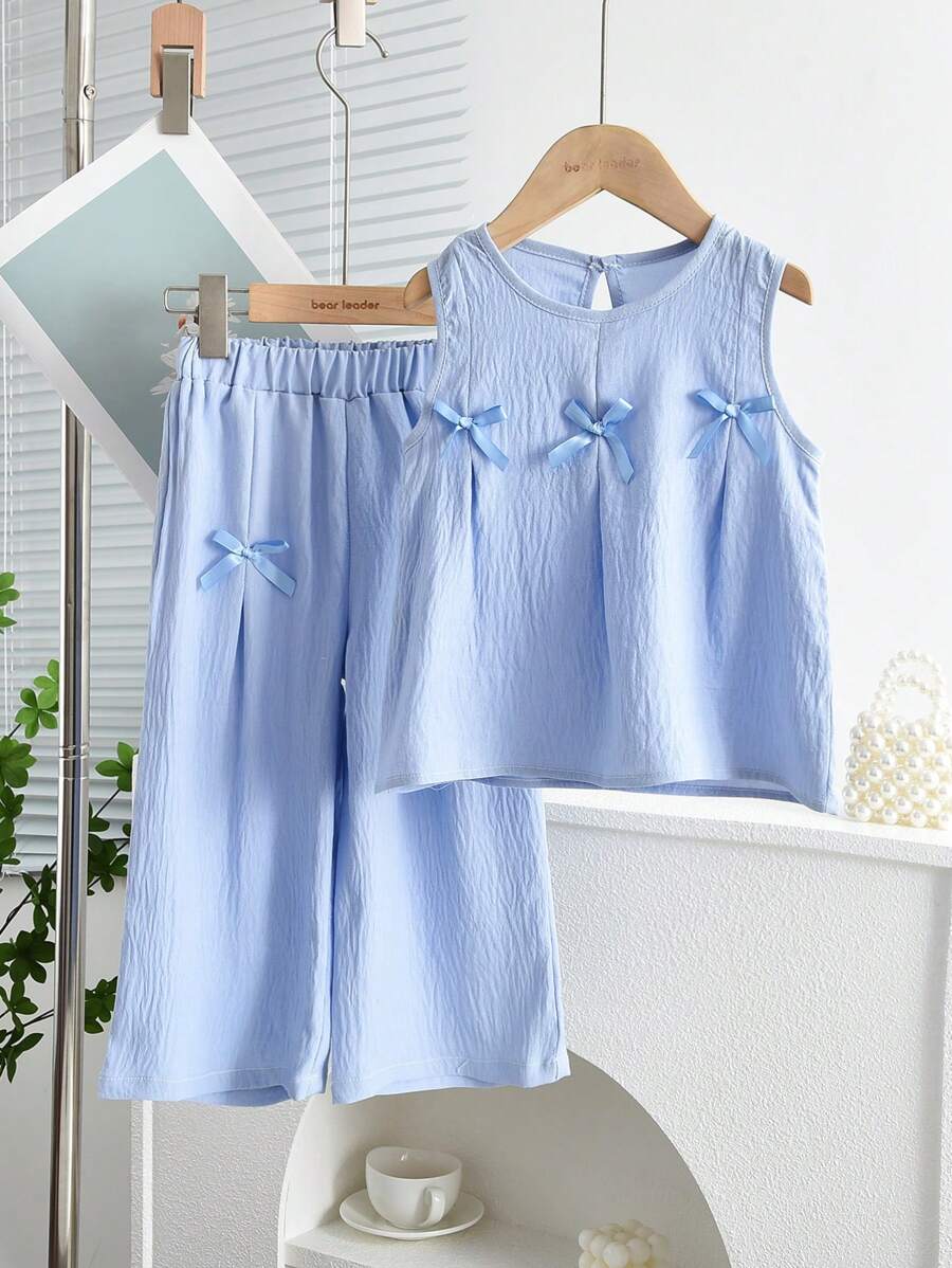 少女夏季休闲平纹针织蝴蝶结背心和裤子两件套 - 藍色 - 查看 1