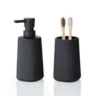 2pcs Matte Black Striped Bathroom Set - Soap Dispenser & Toothbrush Holder, Minimalist Luxury Style, Suitable For Bathroom Countertop