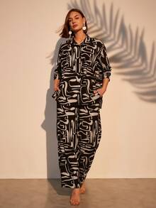 Two Pieces Set Print Vacation Black Shirt & Pants