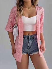 Women's Pink Hollow Out Short Sleeve Knit Cardigan, Lightweight Outwear, Suitable For Beach/Holiday, Summer - Pink - View 4