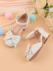 Girls Flower Embellished Chunky Heel Formal Dress, Suitable For Flower Girl, Dance, Wedding, Party, Ballet, Everyday Wear. White Color, Girls Hook And Loop Strap Dress Shoes For Children Of All Sizes
